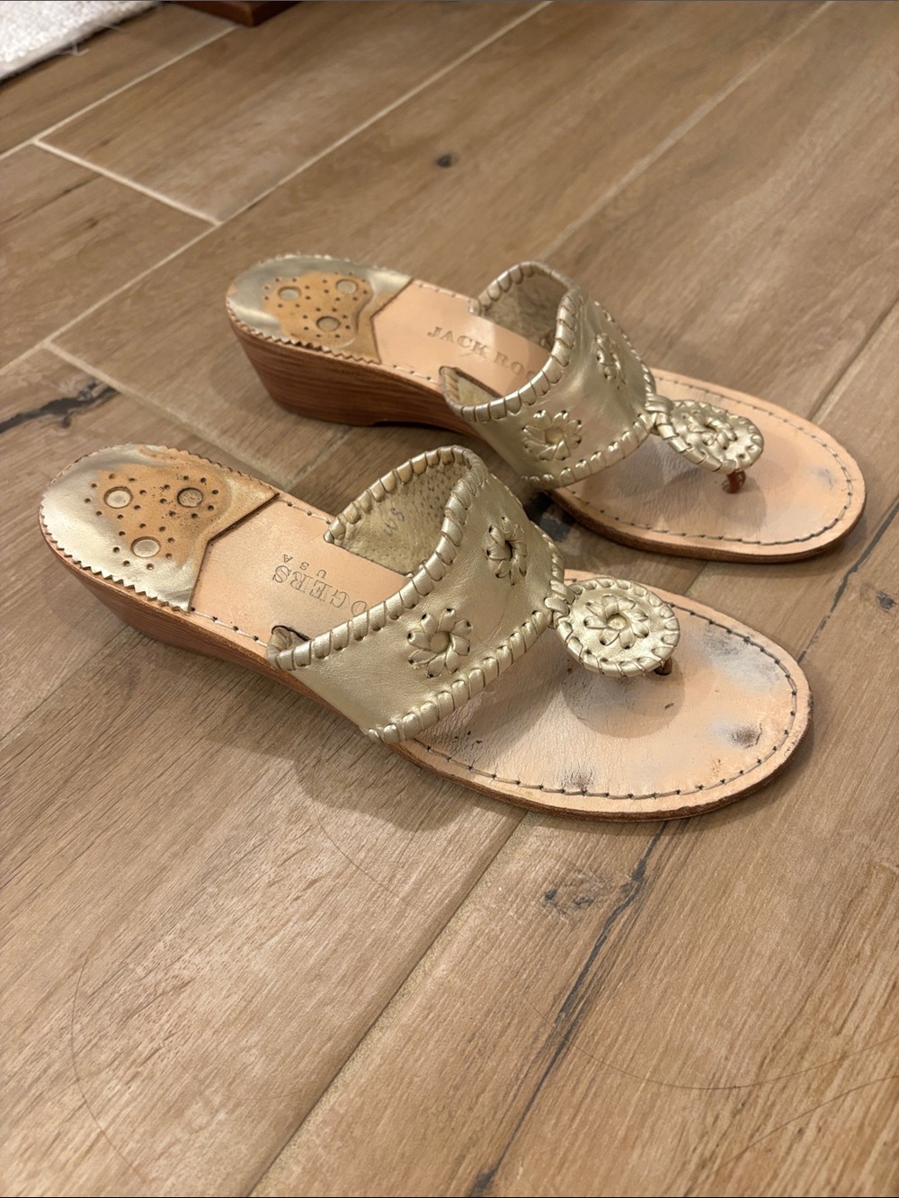 Jack Rodgers Wedge Sandals — Gold - Size 8